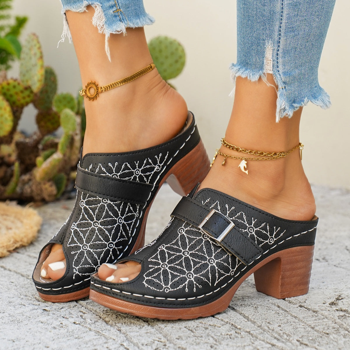 Buckle Decor Block Heel Sandals - Be Bliss Boutique