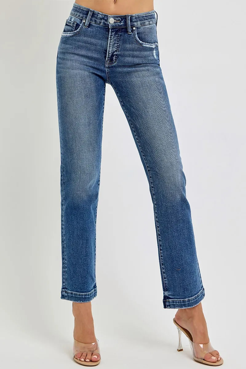 RISEN Full Size Tummy Control Elastic Band Mid Rise Straight Jeans Plus Size -  Be Bliss Boutique