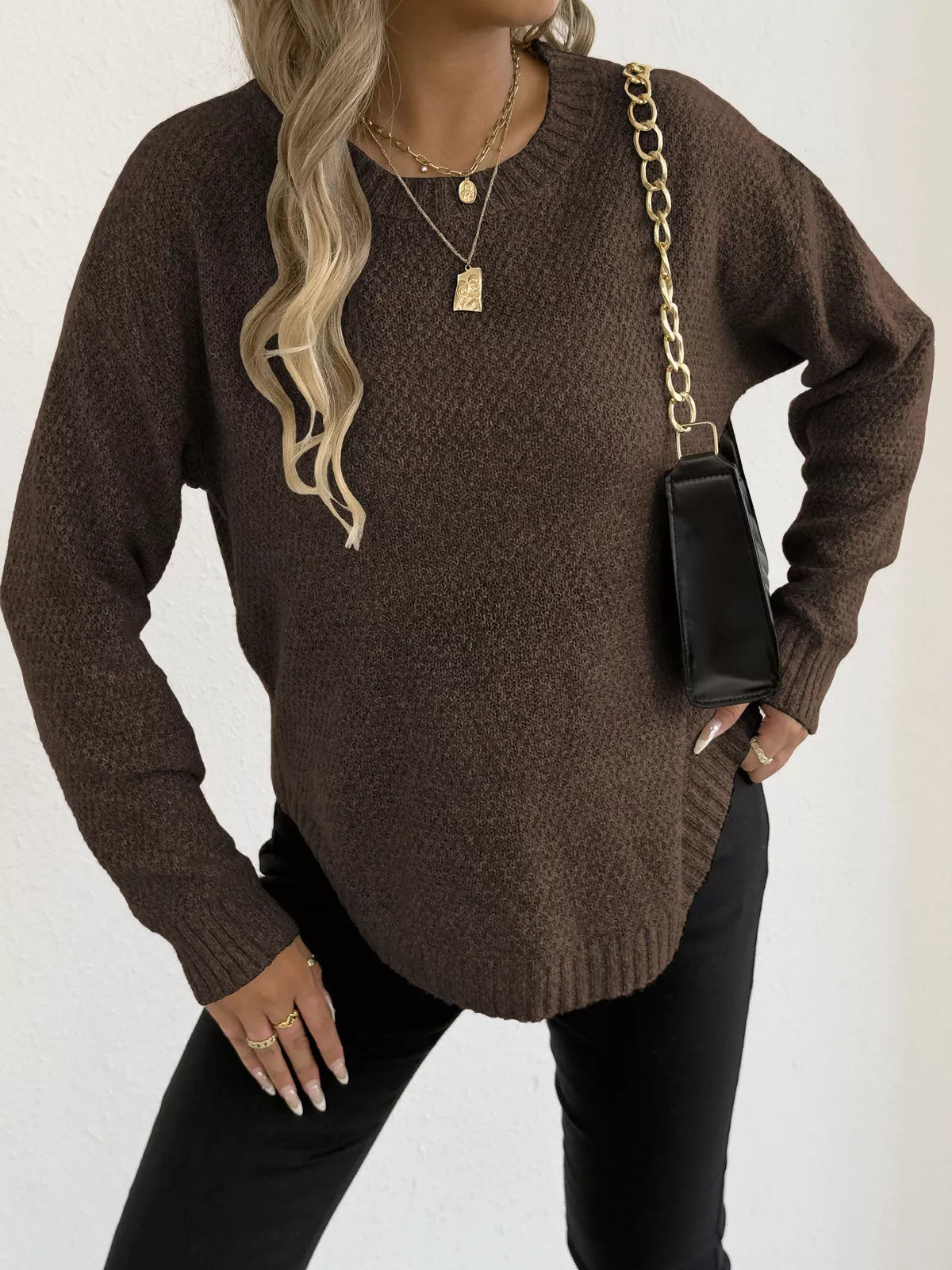 Round Neck Textured Knit Relaxed Fit Sweater - Be Bliss Boutique