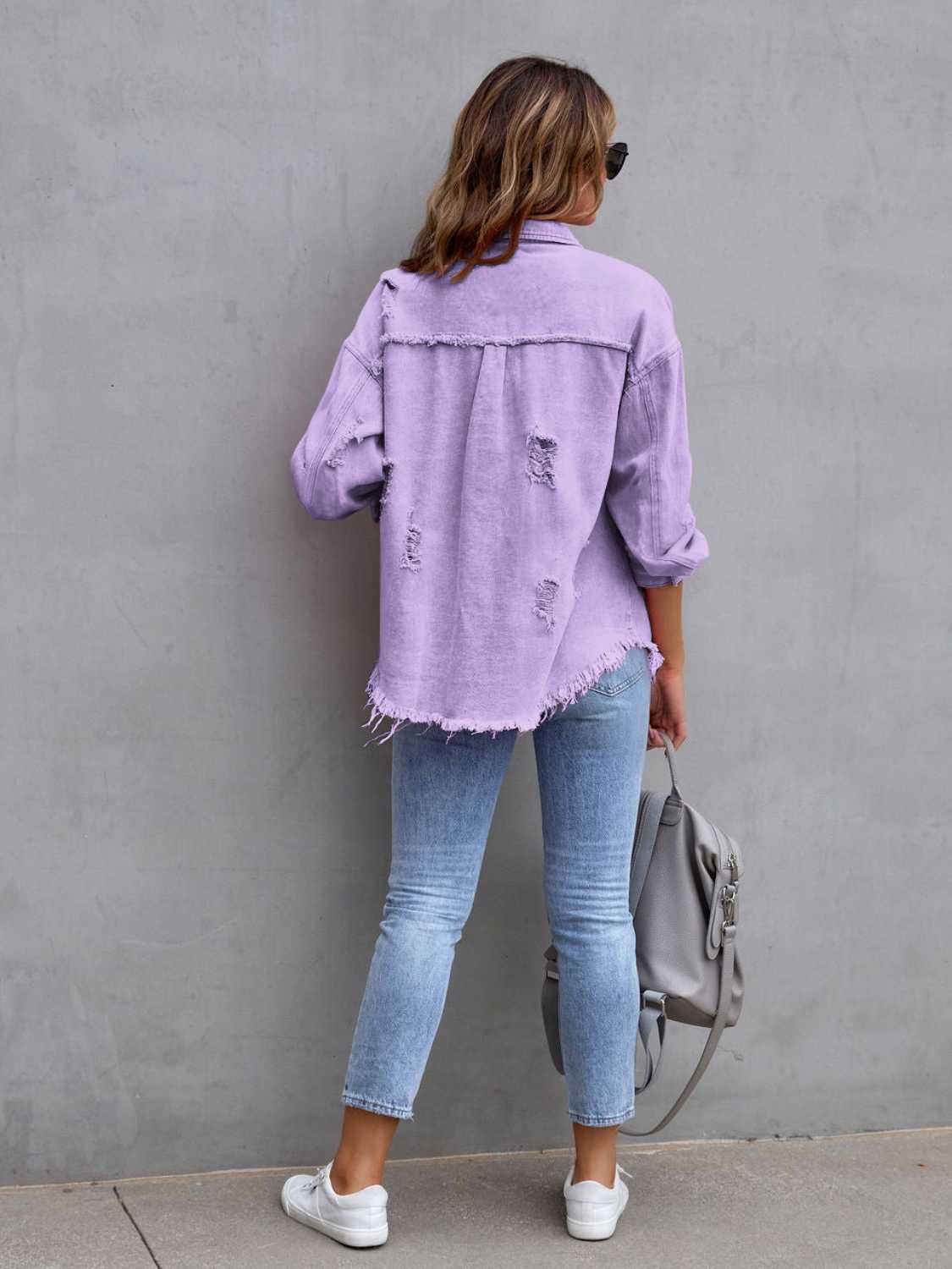 Distressed Drop Shoulder Denim Jacket - Be Bliss Boutique