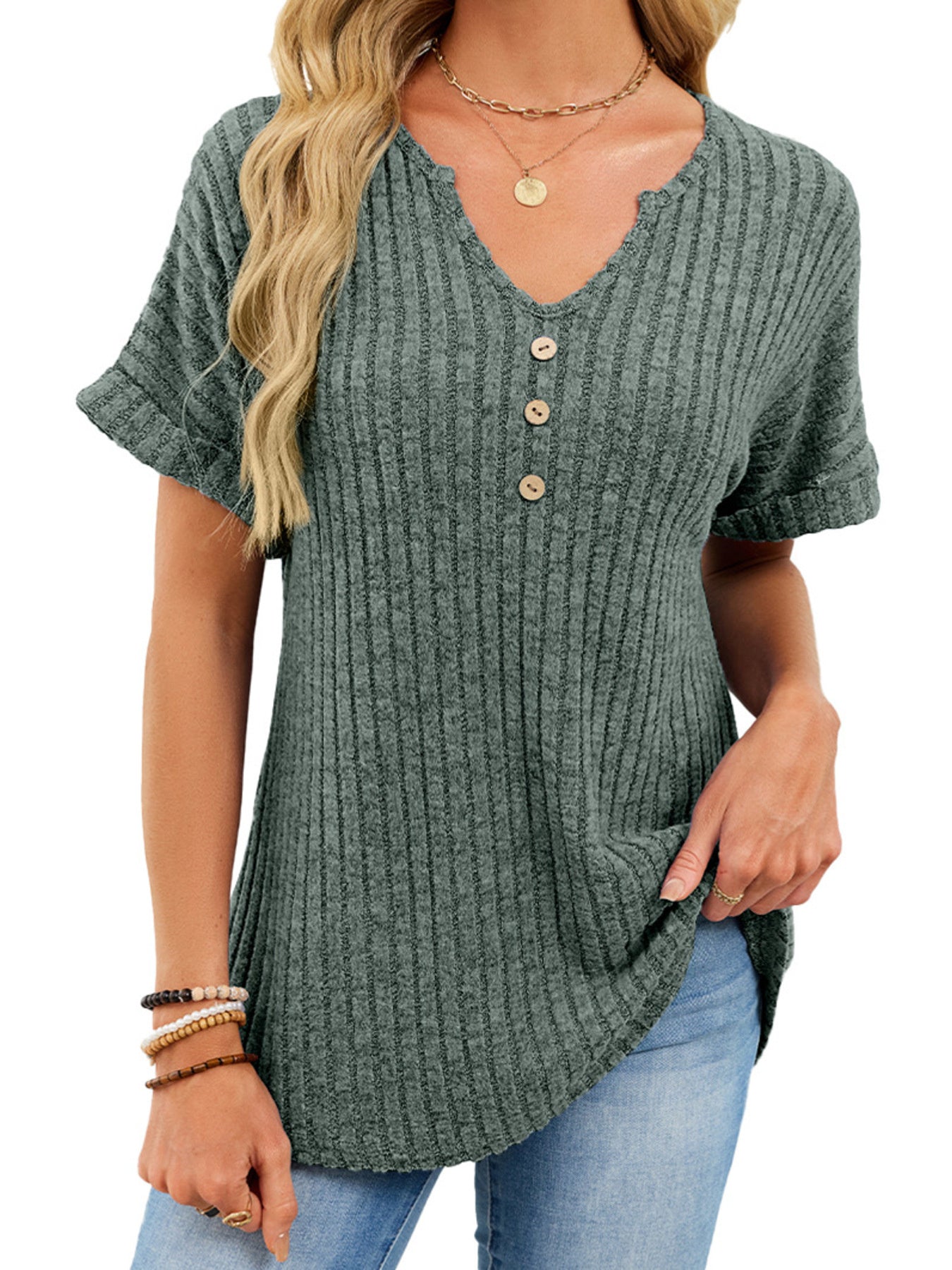 Women's Ribbed Knit Button V Neck Short Sleeve T Shirt - Be Bliss Boutique