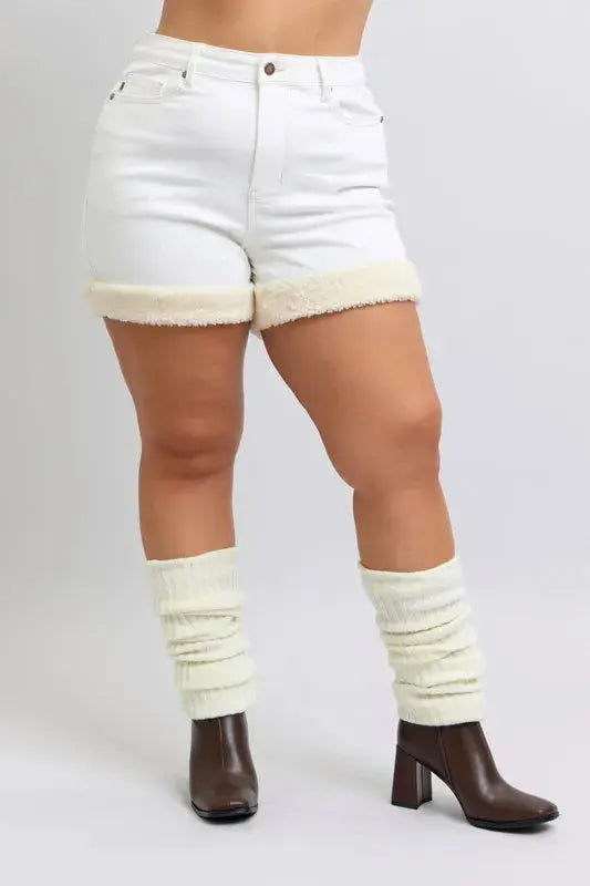 Judy Blue Full Size/Plus Size High Waist Shearling Cuff Denim Shorts | Be Bliss Boutique