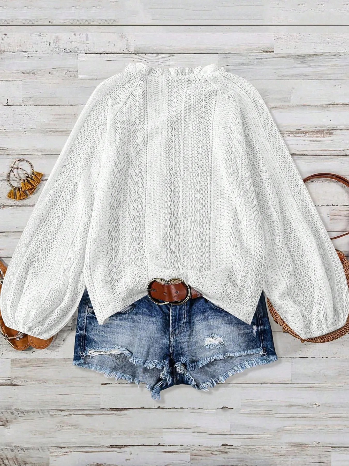 Crochet Notched Button-Front Shirt -  Be Bliss Boutique