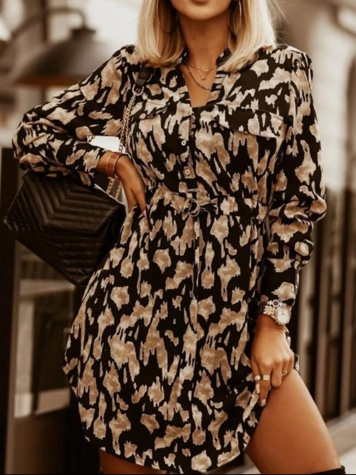 Printed Button Front Long Sleeve Dress -  Be Bliss Boutique