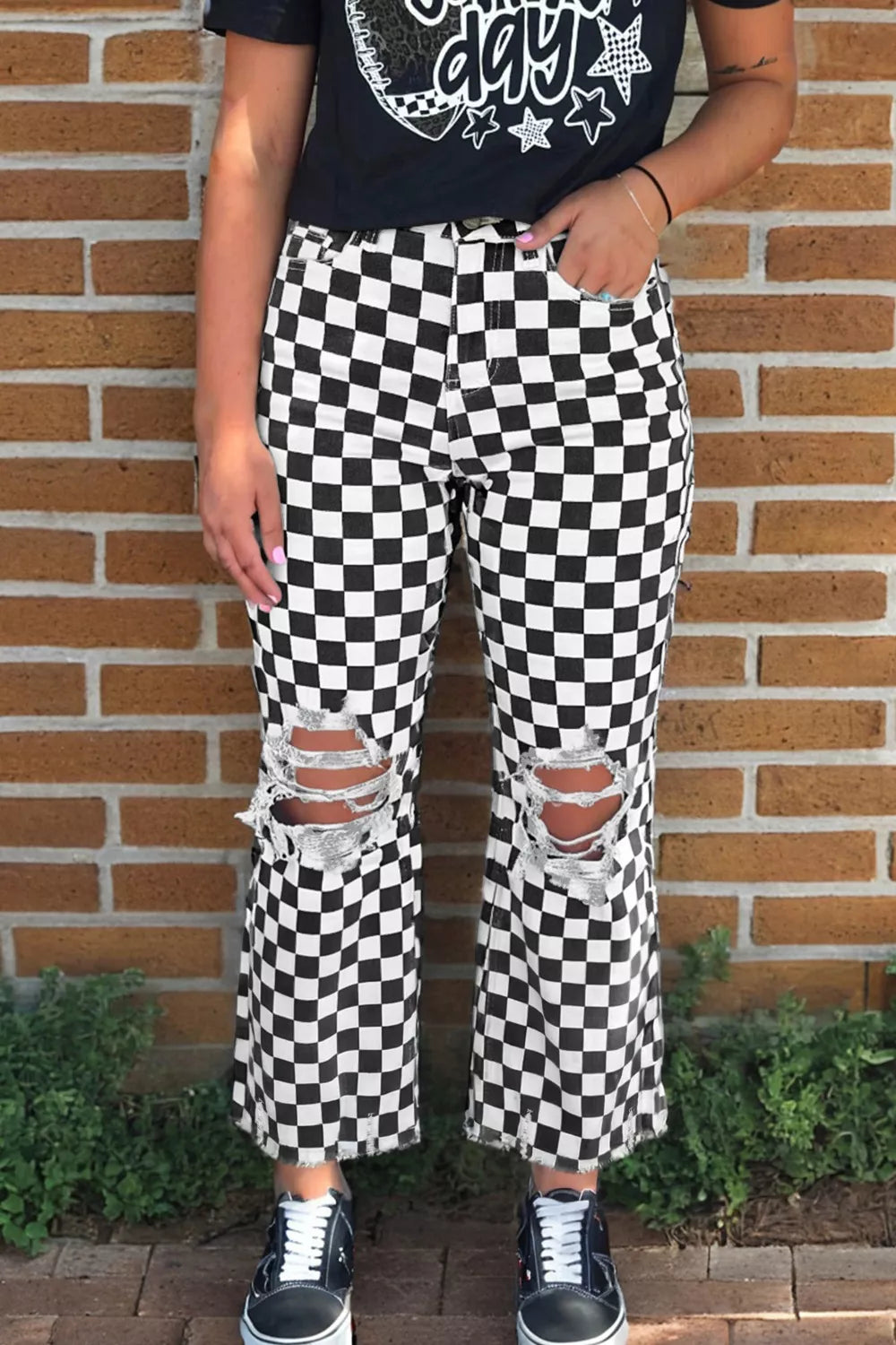 Checkerboard Print Distressed Holes Raw Edge Cropped Jeans - Be Bliss Boutique