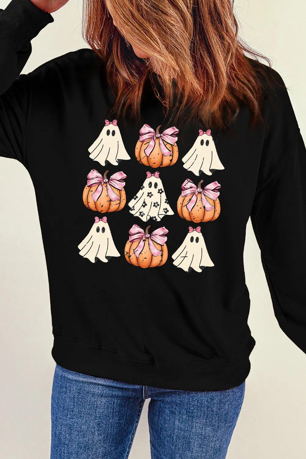 Pumpkin & Ghost Round Neck Long Sleeve Sweatshirt -  Be Bliss Boutique