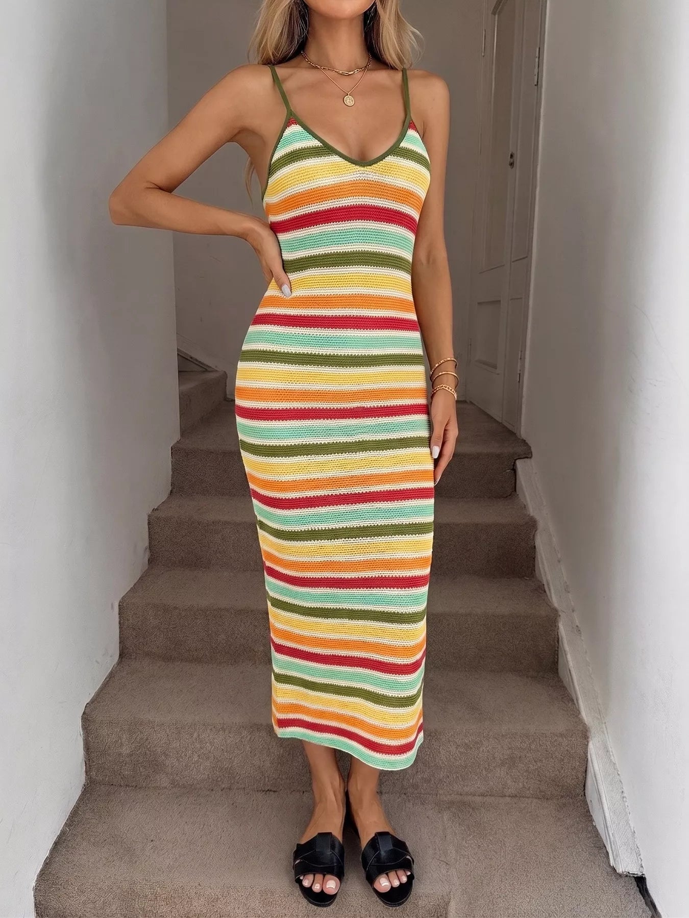 Striped Knit Bodycon Midi Dress - Be Bliss Boutique