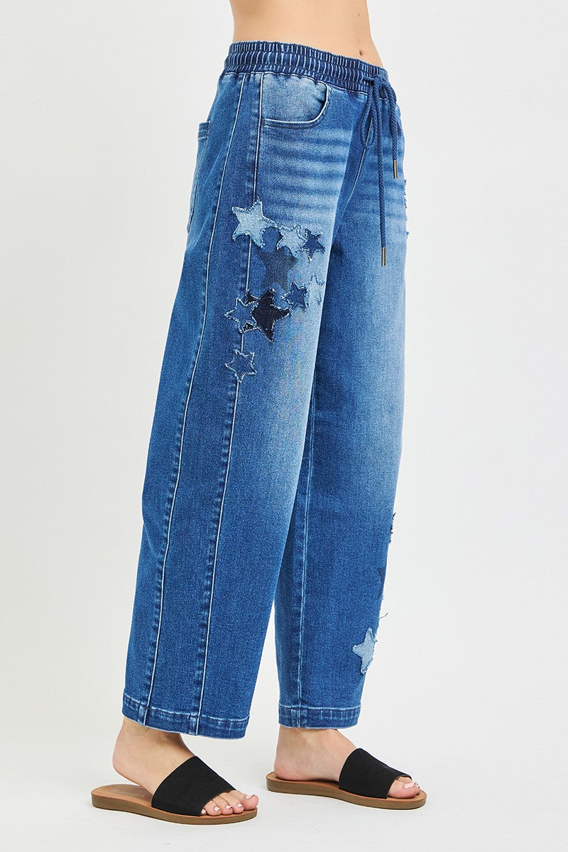 RISEN Elastic Band Slouchy Cropped Barrel Jeans with Star Patch - Be Bliss Boutique