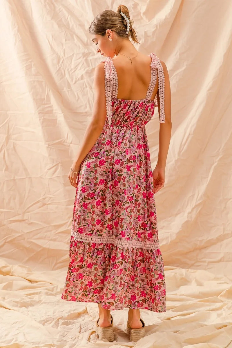 SO ME Floral Maxi Dress With Ribbon Tie Lace Strap -  Be Bliss Boutique