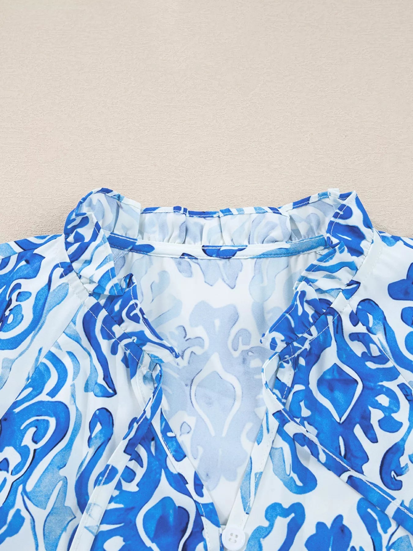 Printed Tie Split Neck Button Front Puff Sleeve Shirt -  Be Bliss Boutique
