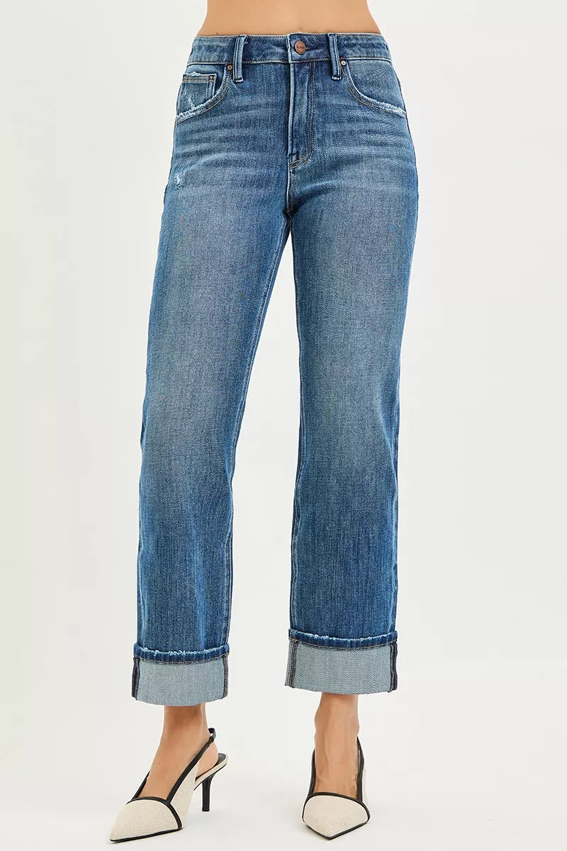 RISEN Jeans - Full Size 4 Way Stretch Slouchy Straight Jeans with Cuffed Hem Plus | Be Bliss Boutique