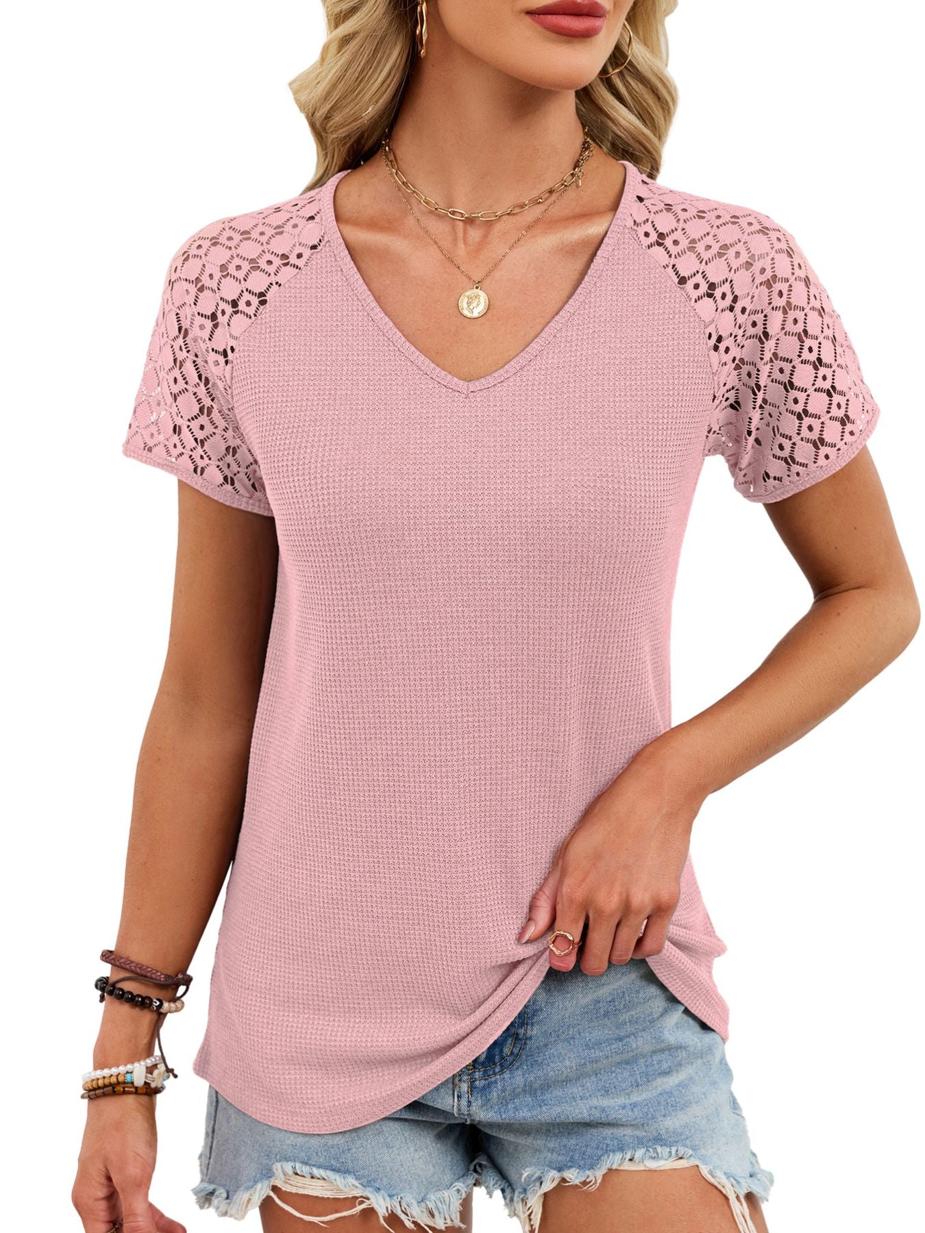 Lace Sleeve V Neck Waffle Knit T Shirt - Be Bliss Boutique