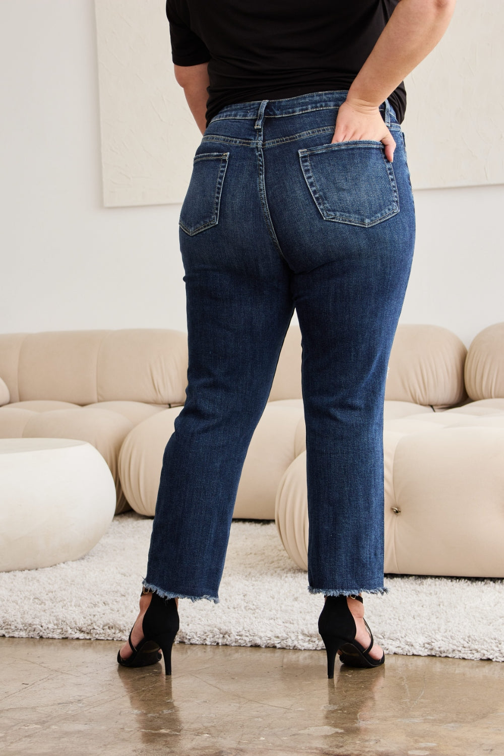 Full Size Tummy Control Distressed High Waist Raw Hem Jeans