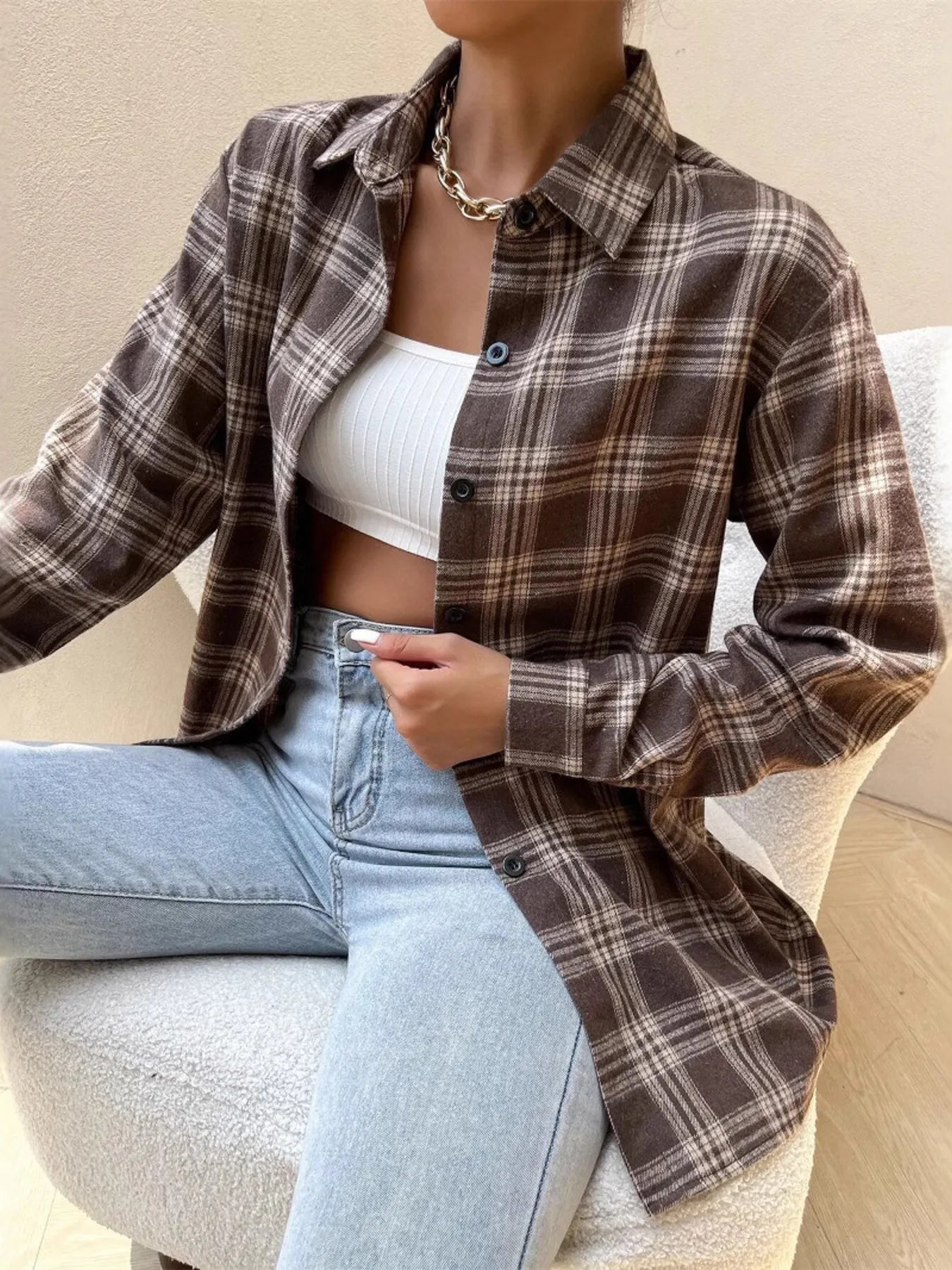 Oversized Plaid Button-Up Shirt -  Be Bliss Boutique