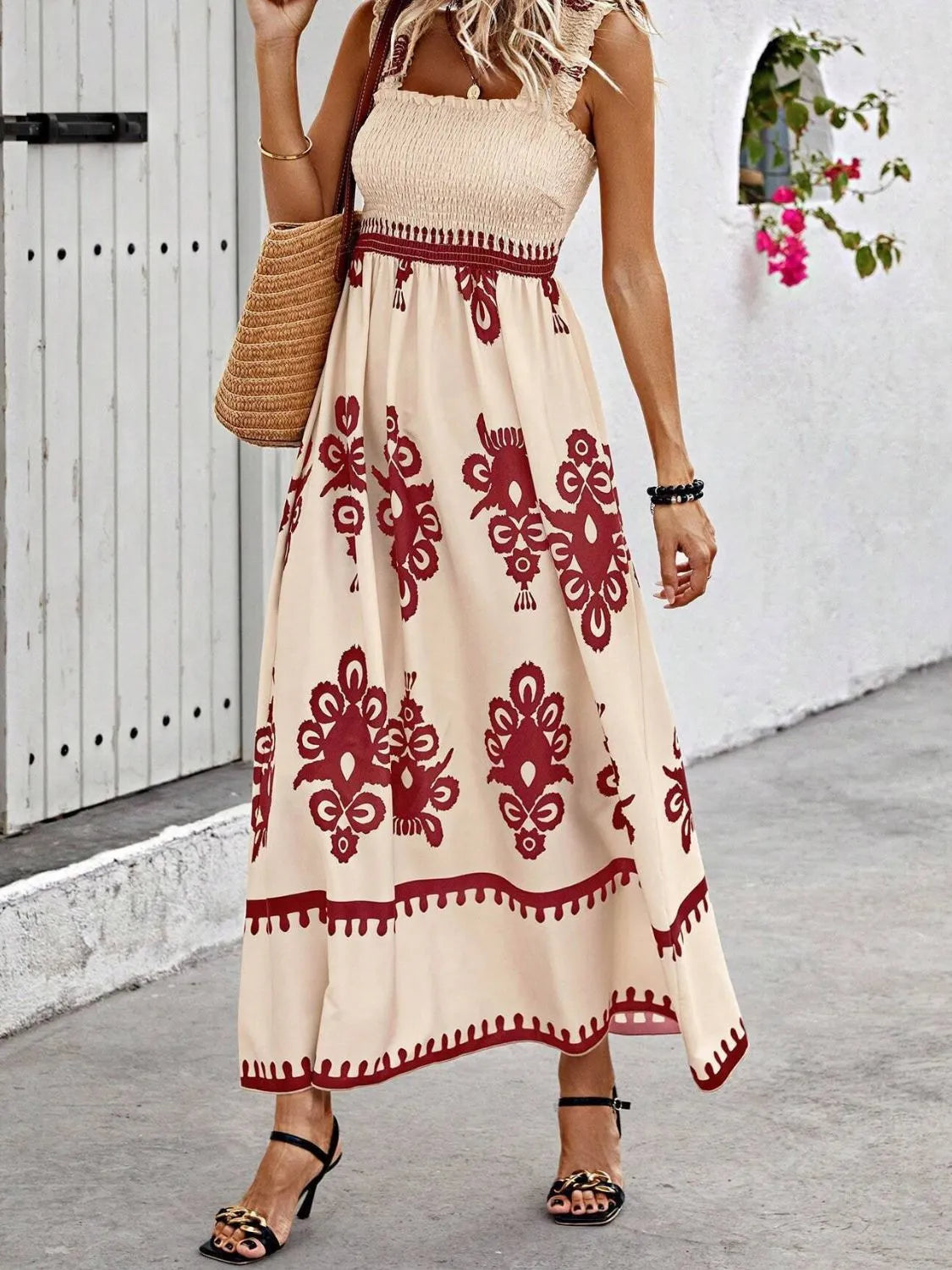 Smocked Printed Wide Strap Maxi Dress - Be Bliss Boutique