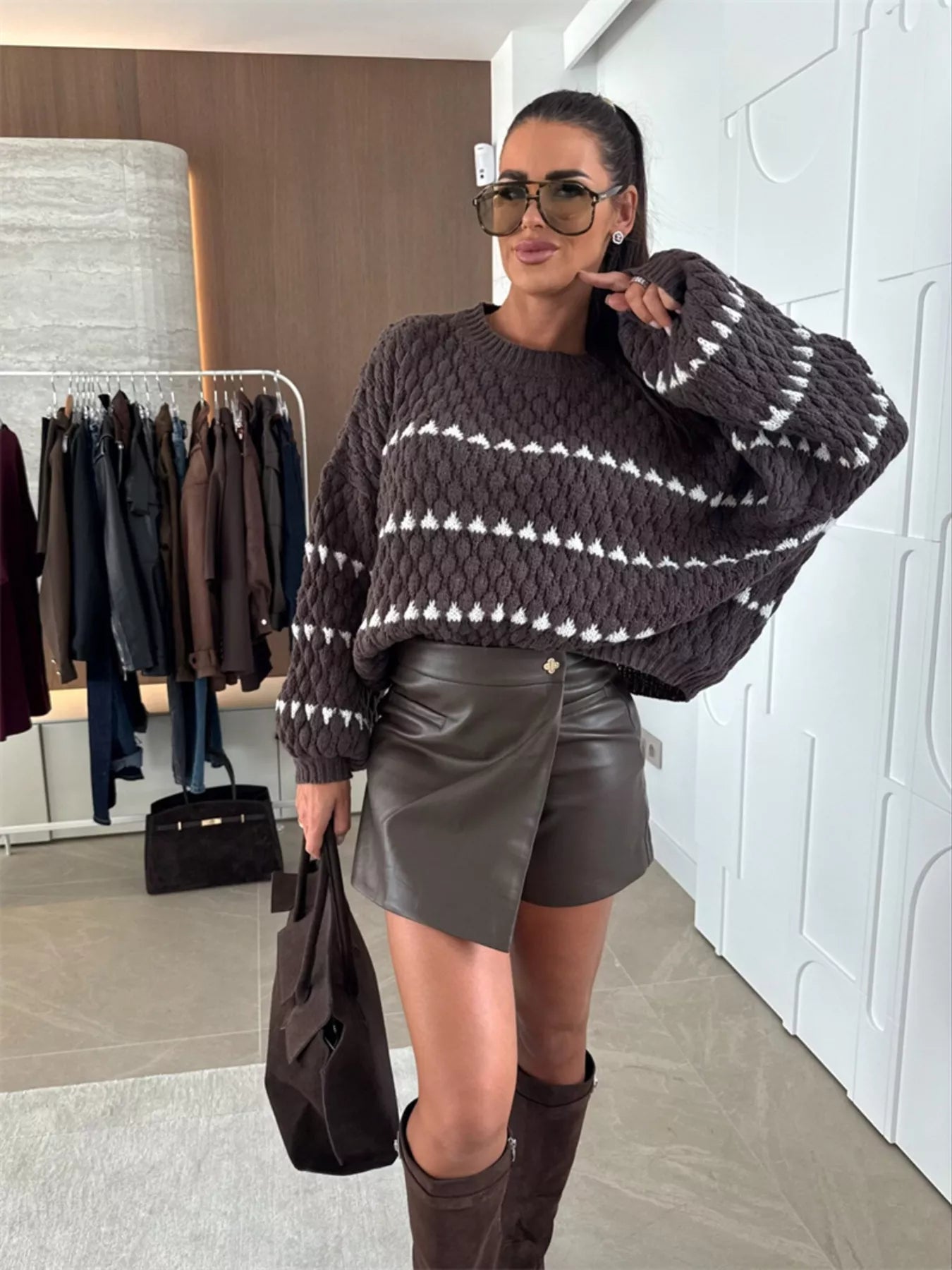 Chunky Knit Striped Sweater with Balloon Sleeves -  Be Bliss Boutique