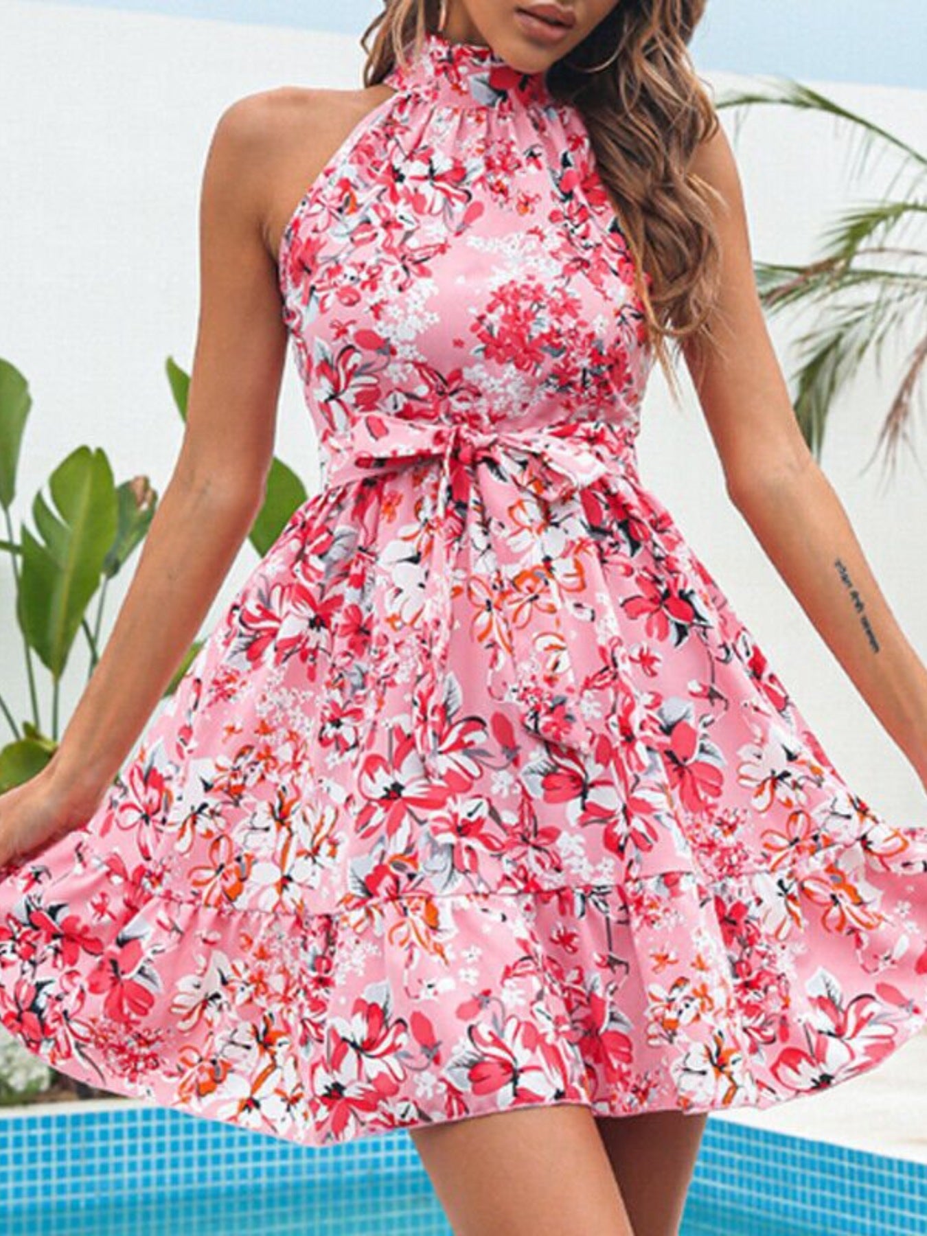 Floral Tie Waist Halter Neck Ruffle Mini Dress - Be Bliss Boutique