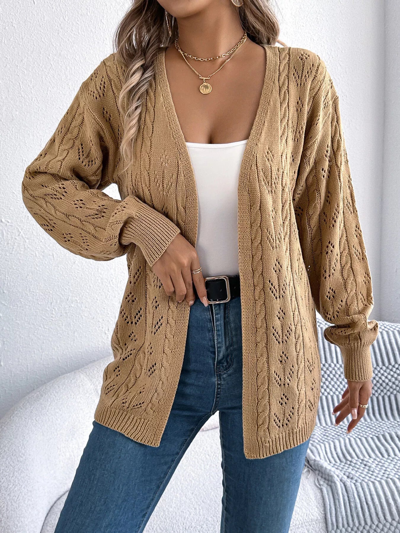 Openwork Open Front Long Sleeve Cardigan - Be Bliss Boutique