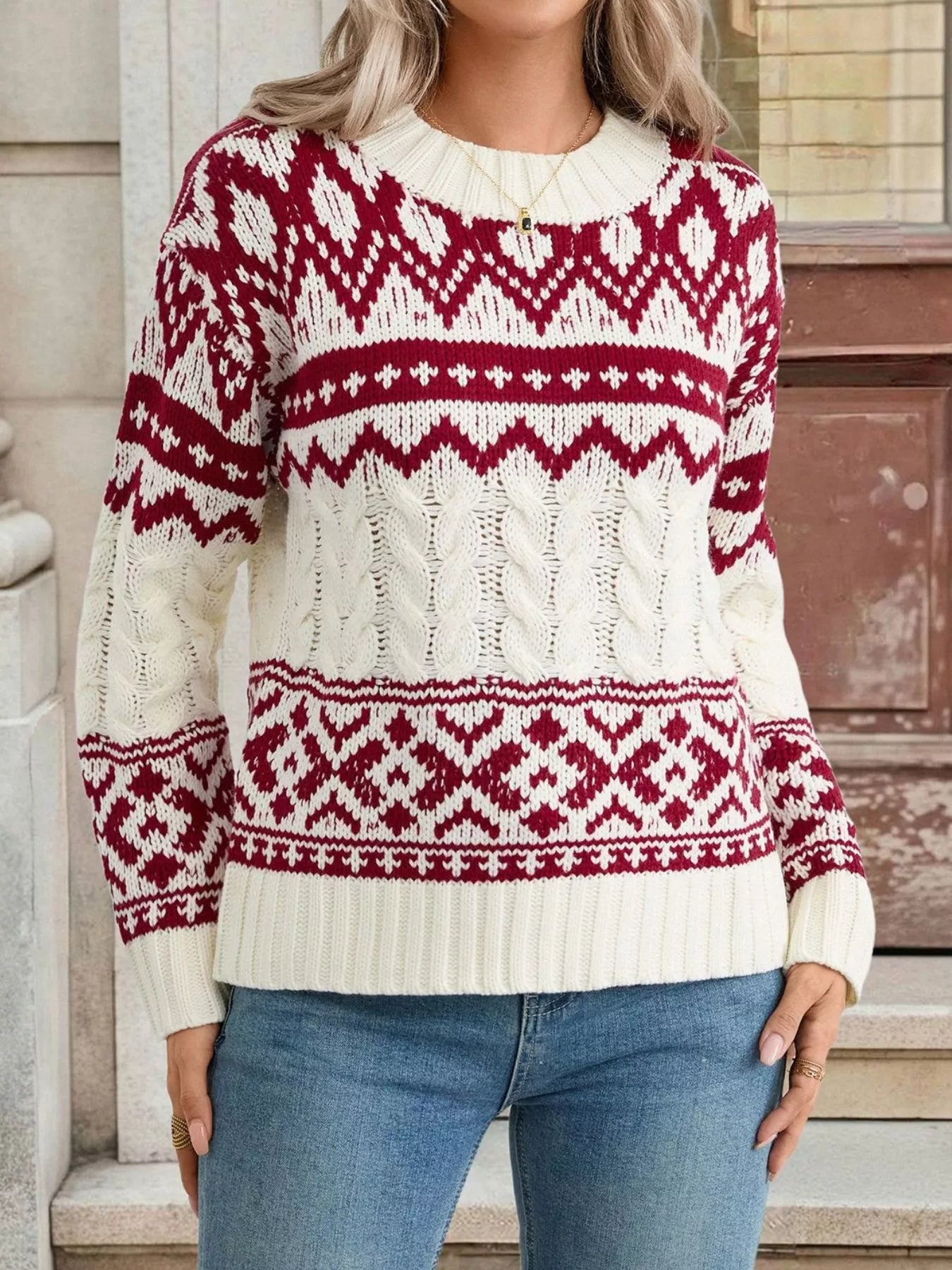 Long Sleeve Cable Knit Christmas Sweater - Be Bliss Boutique