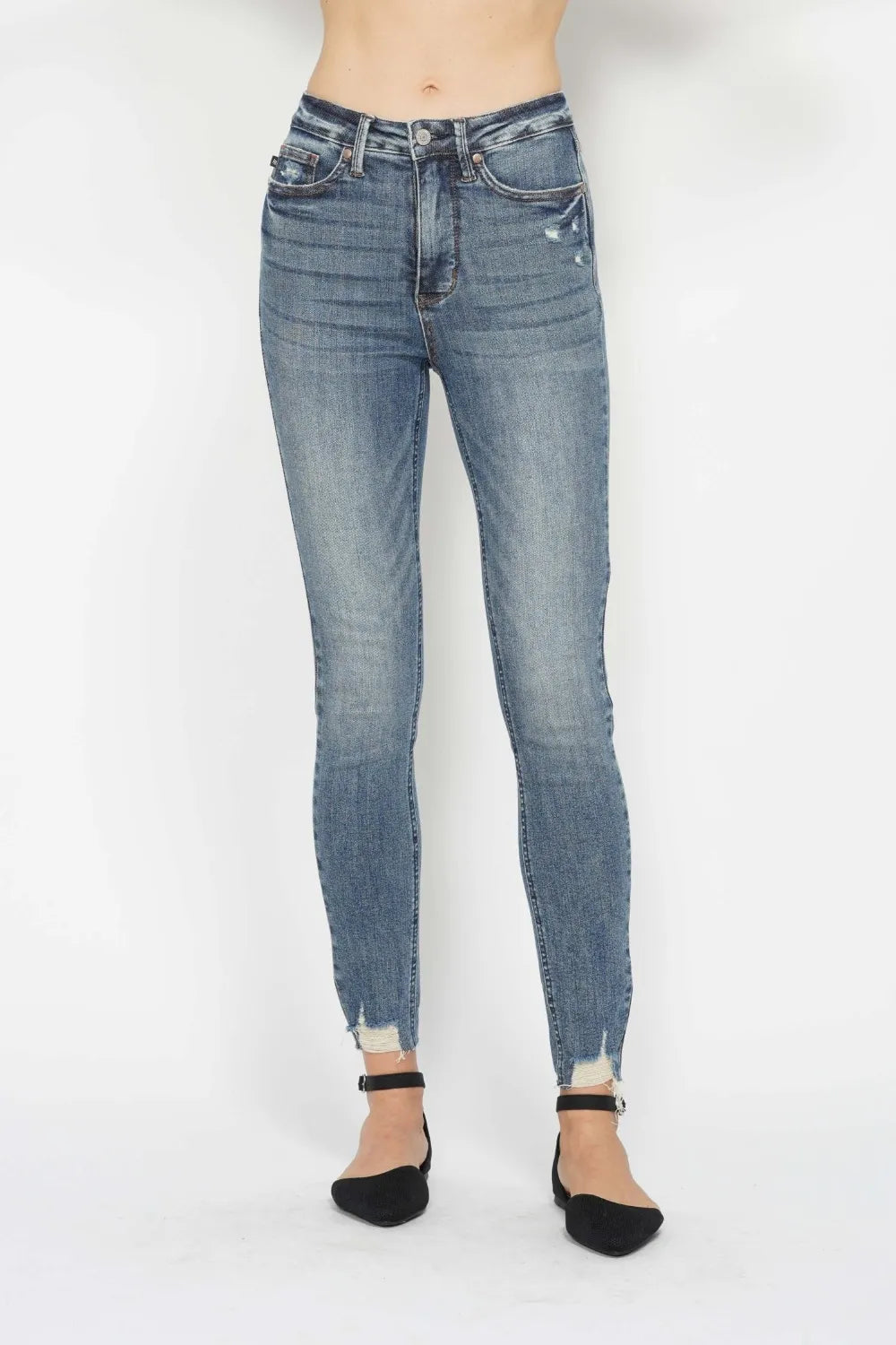 Judy Blue Full Size Tummy Control Vintage Wash Hem Destroy Skinny Jeans - Be Bliss Boutique