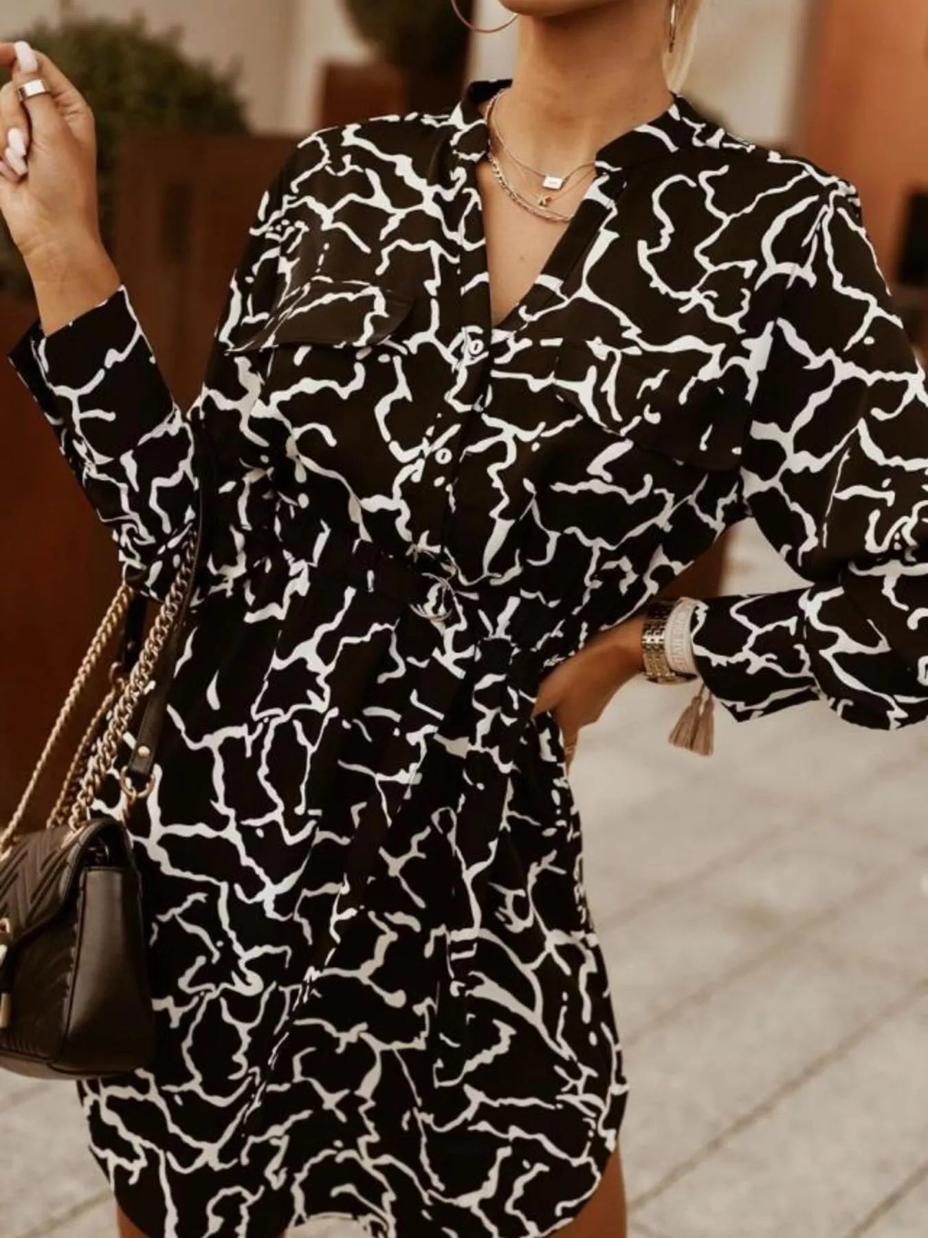 Printed Button Front Long Sleeve Dress -  Be Bliss Boutique