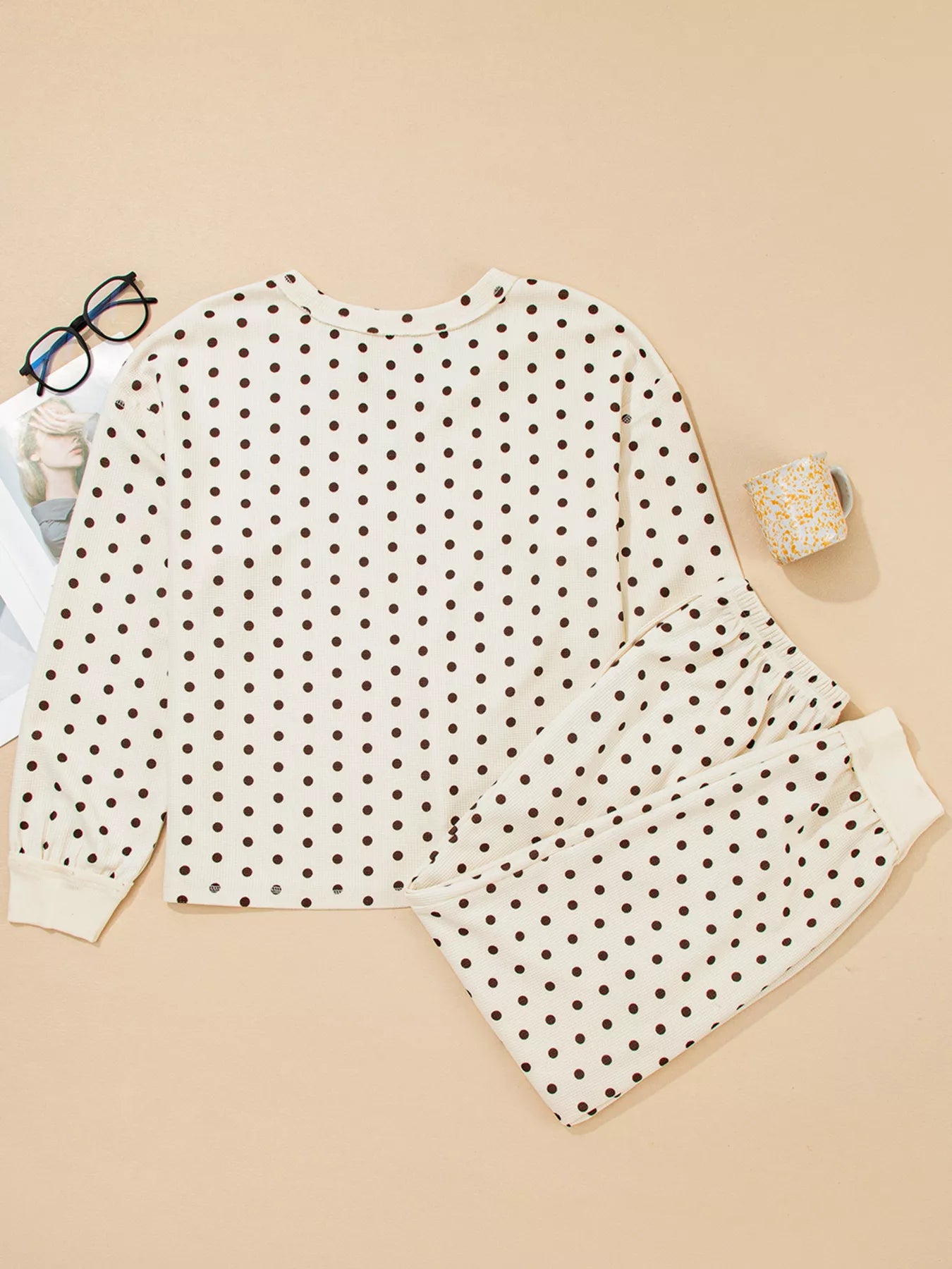 Polka Dot Notched Long Sleeve Top and Drawstring Joggers Lounge Set - Be Bliss Boutique
