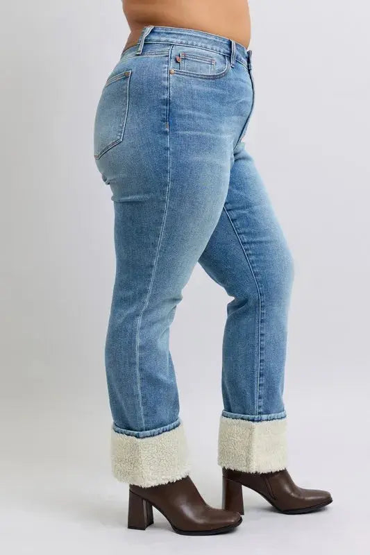 Judy Blue Full Size/Plus Size High Waist Shearling Cuff Straight Leg Jeans |  Be Bliss Boutique