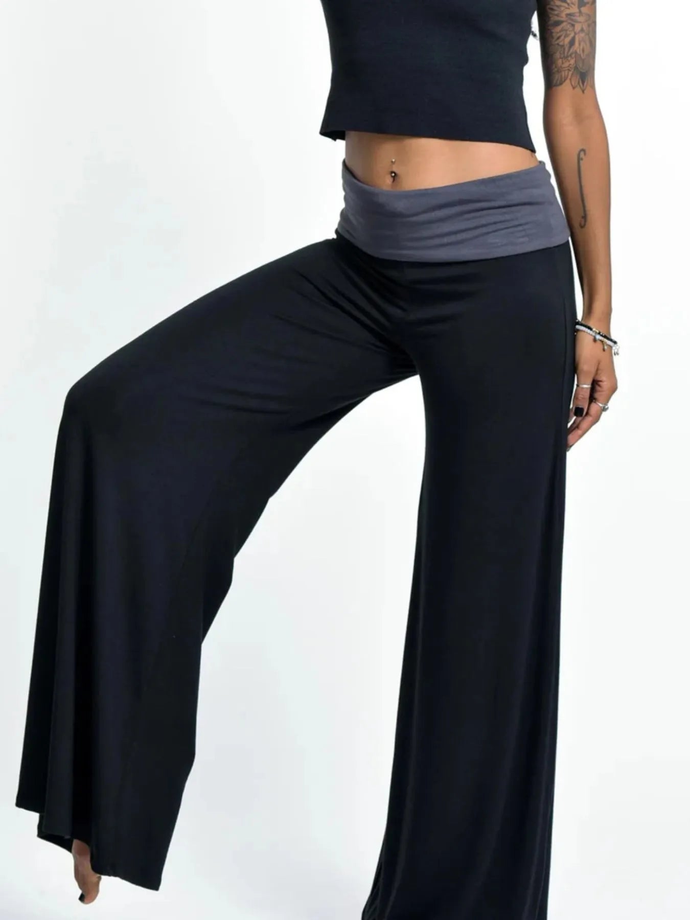 High Waisted Wide Leg Yoga Pants with Contrast Waistband - Be Bliss Boutique