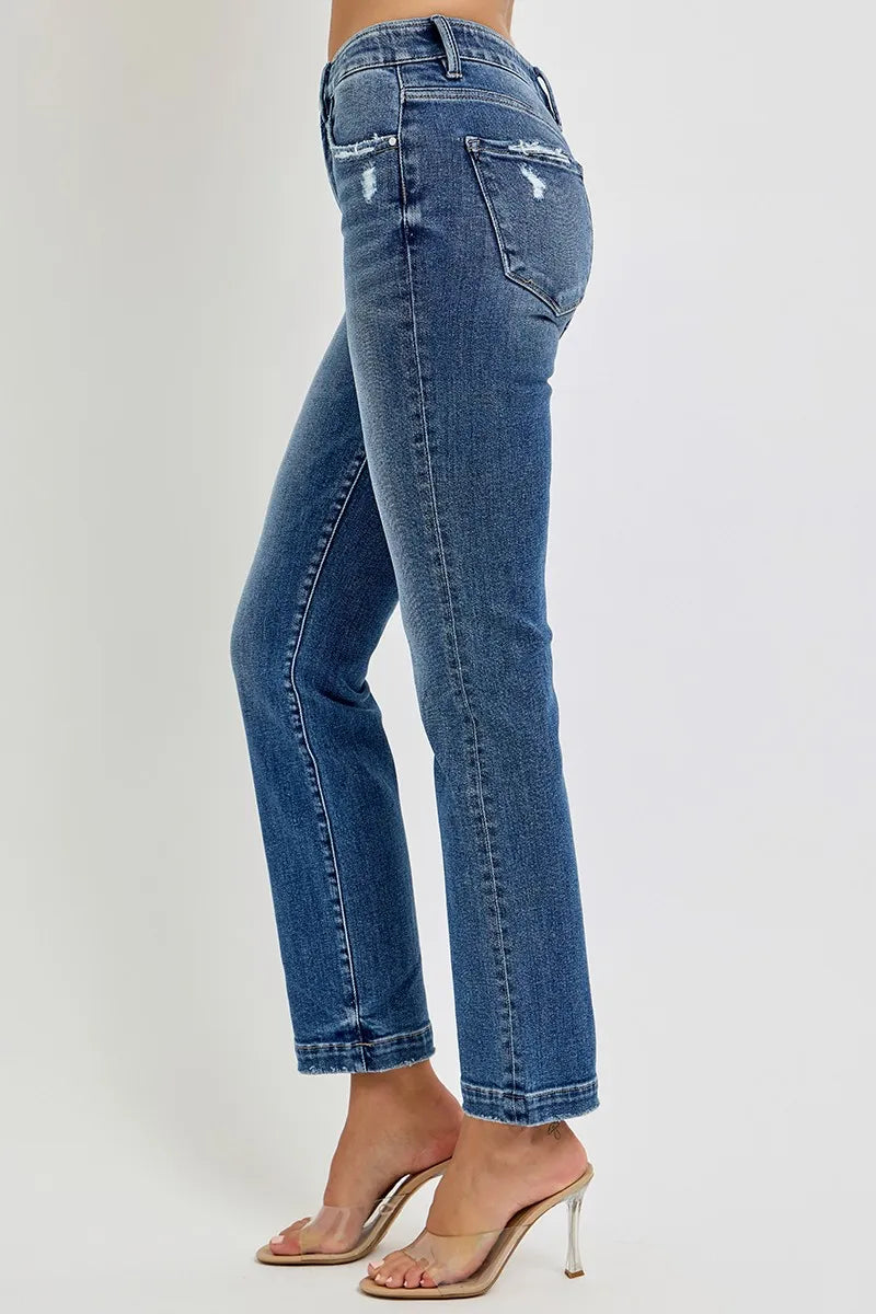 RISEN Full Size Tummy Control Elastic Band Mid Rise Straight Jeans Plus Size -  Be Bliss Boutique