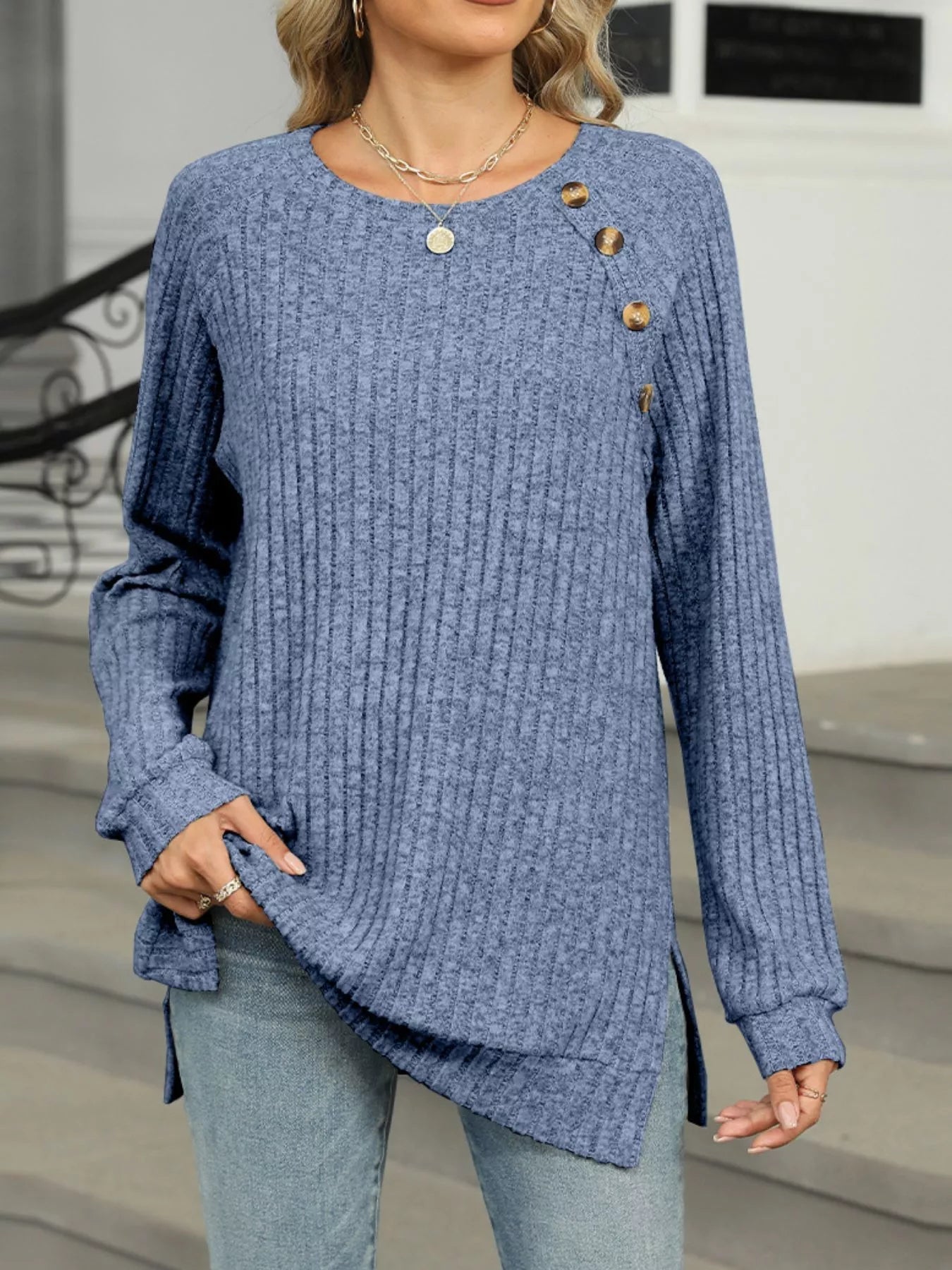 Cozy Chic Ribbed Button Detail Long Sleeve Tunic -  Be Bliss Boutique