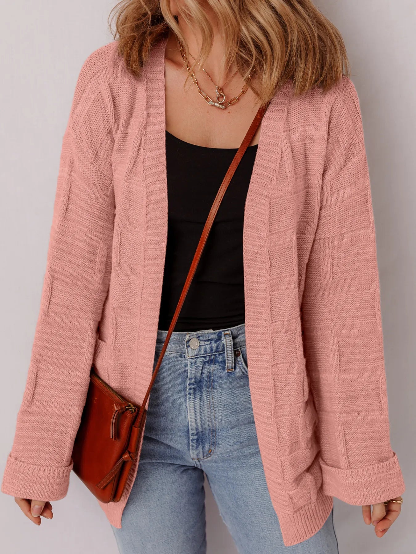 Textured Knit Open Front Cardigan with Pockets -  Be Bliss Boutique