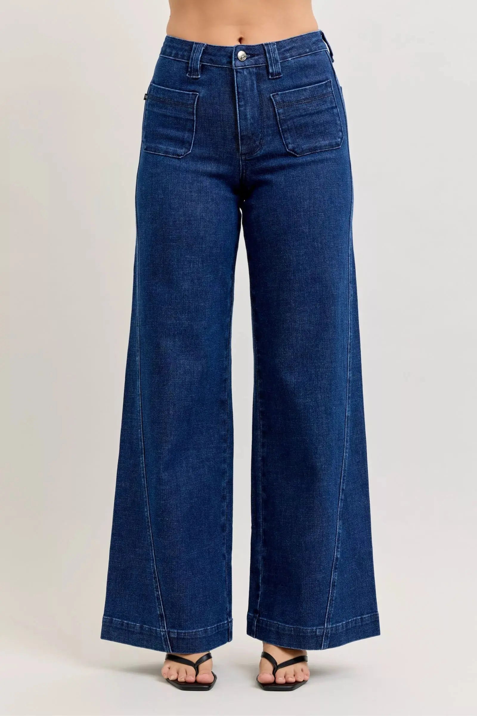 Judy Blue High-Waisted Retro Wide Jeans with Patch Pkts & Twisted Seams - Be Bliss Boutique