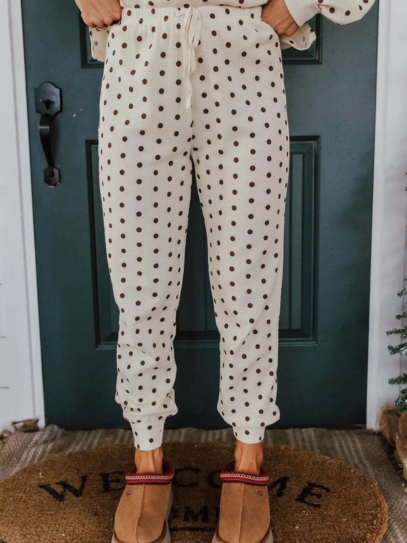 Polka Dot Notched Long Sleeve Top and Drawstring Joggers Lounge Set - Be Bliss Boutique