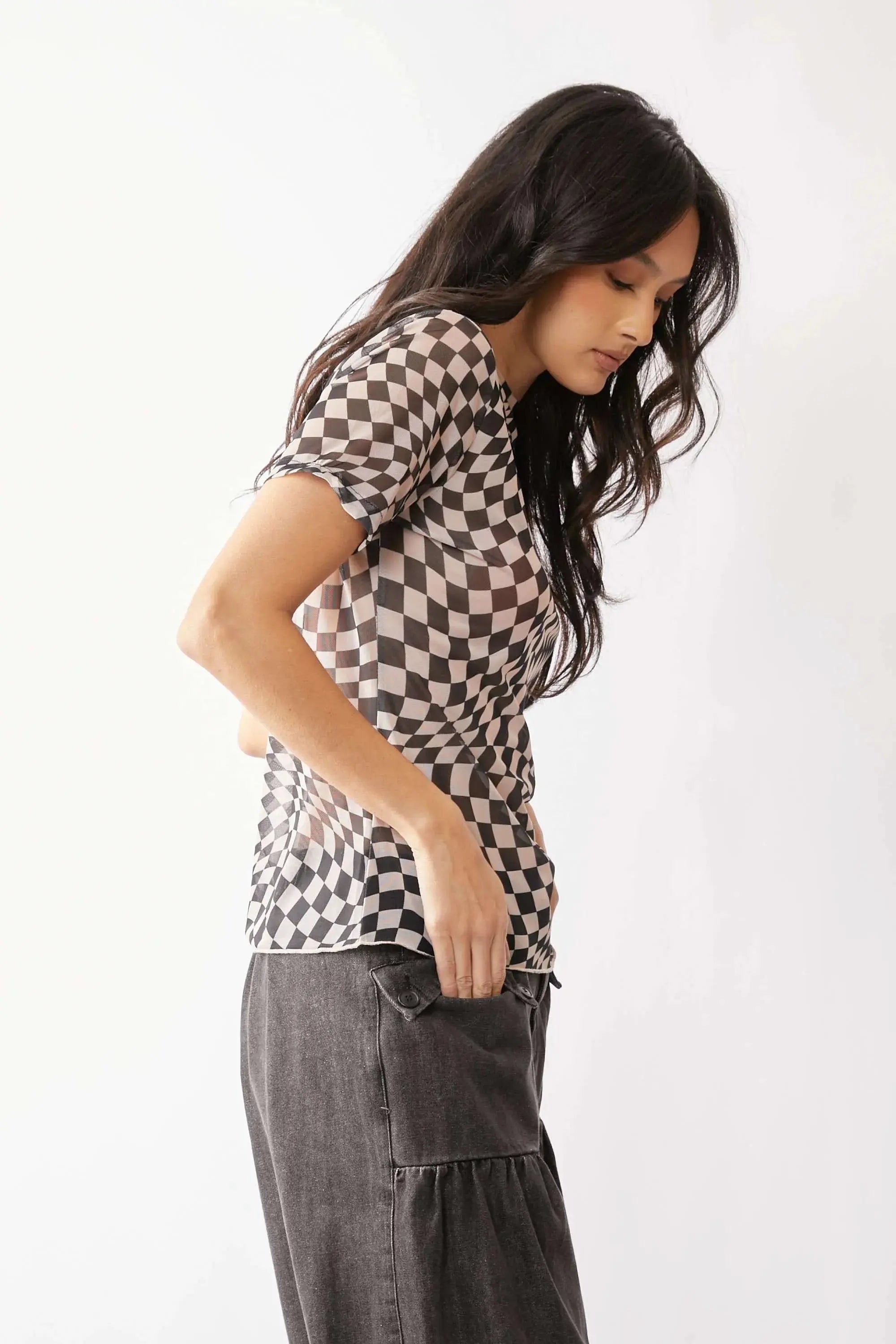 Davi & Dani Checker Board Printed Mesh Short Sleeve Top |  Be Bliss Boutique
