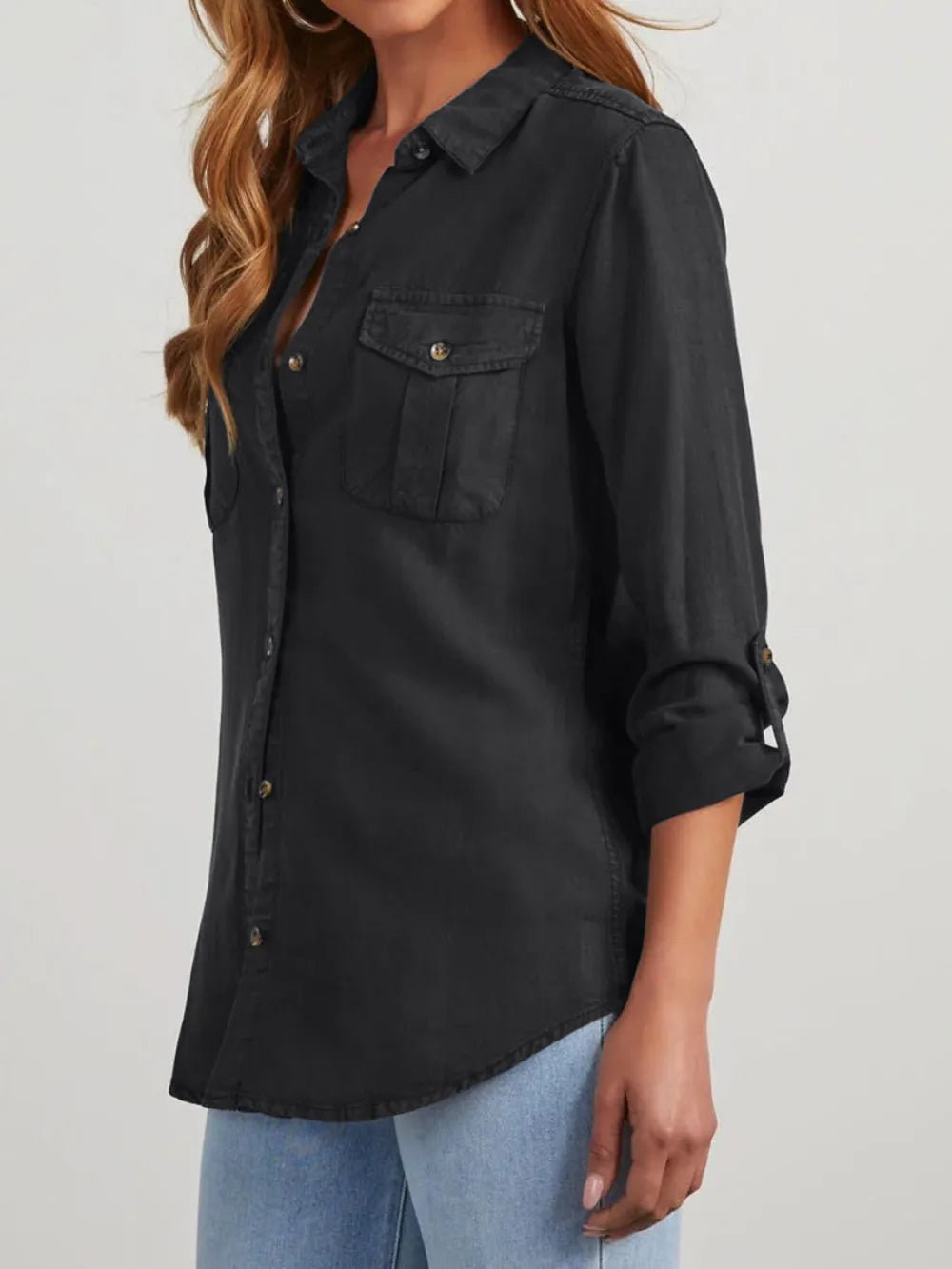 Collared Neck Roll-Tab Sleeve Womens Denim Shirt - Be Bliss Boutique