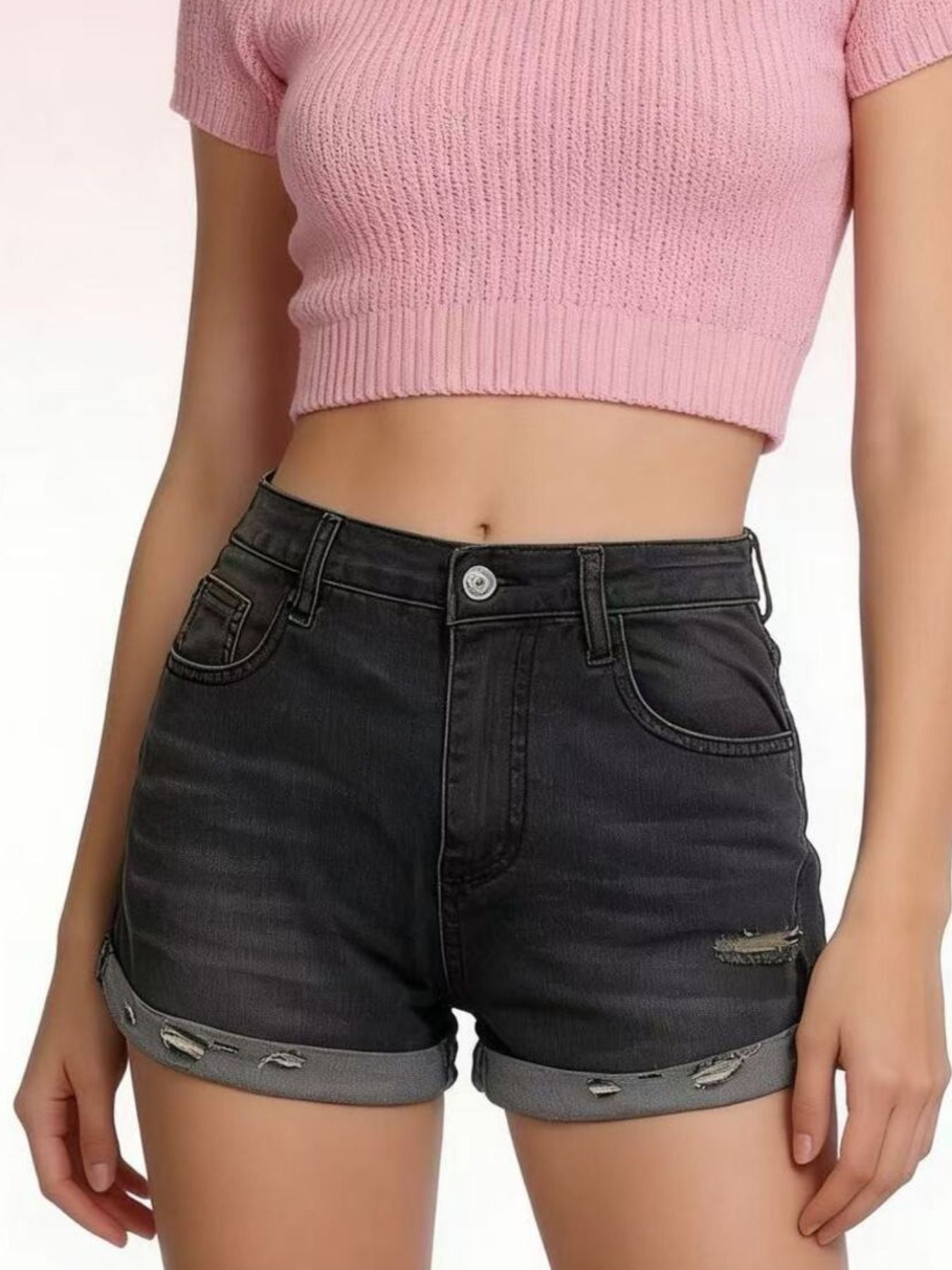 Distressed Denim Roll Up Shorts - Be Bliss Boutique