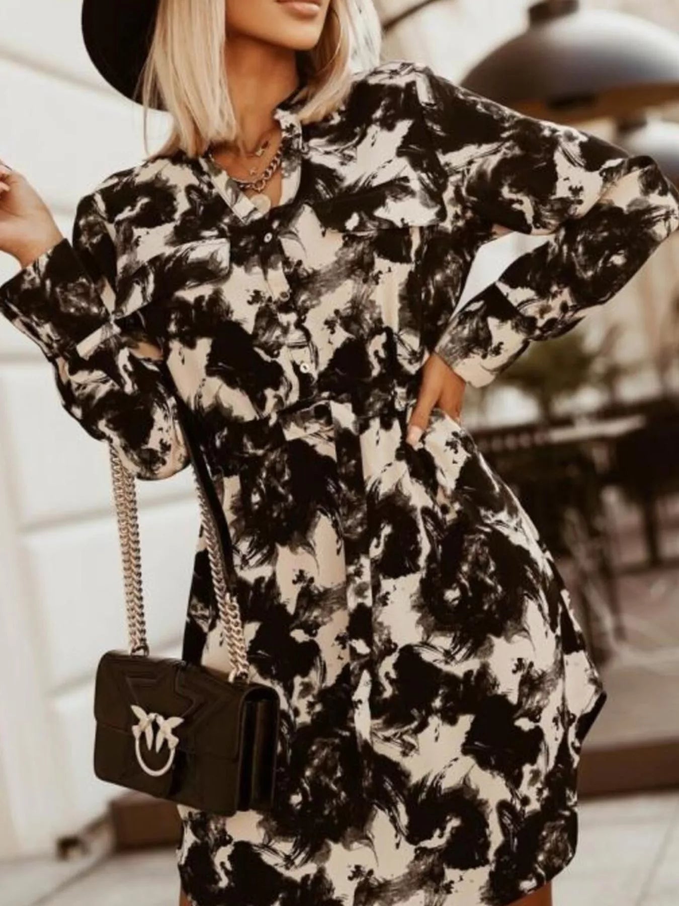 Printed Button Front Long Sleeve Dress -  Be Bliss Boutique
