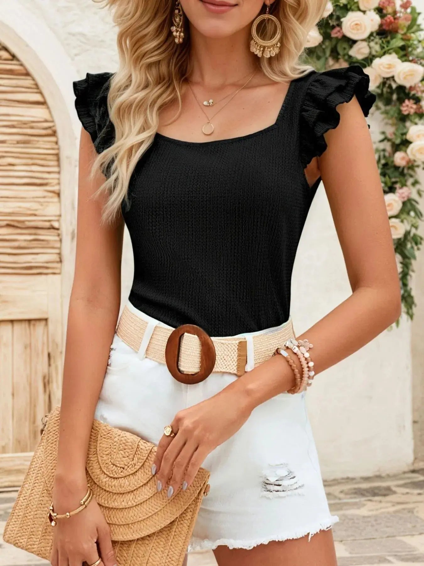 Square Neck Ruffled Cap Sleeve Top |  Be Bliss Boutique