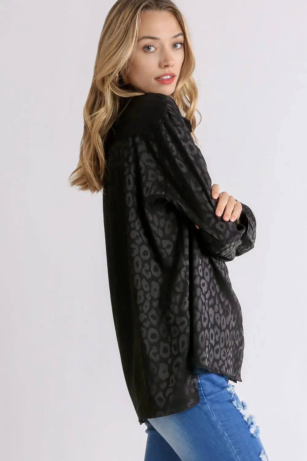 Umgee Full/Plus Size Animal Jacquard Print Button Up Long Sleeve Shirt |  Be Bliss Boutique