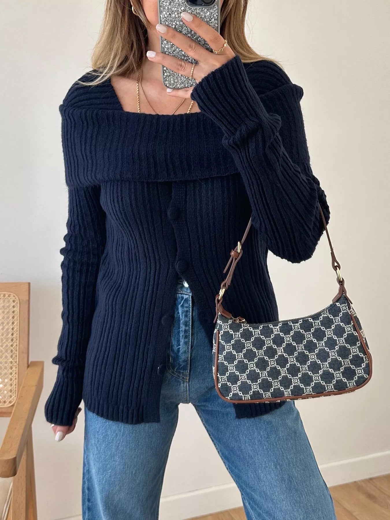 Textured Slit Front Long Sleeve Knit Top - Be Bliss Boutique