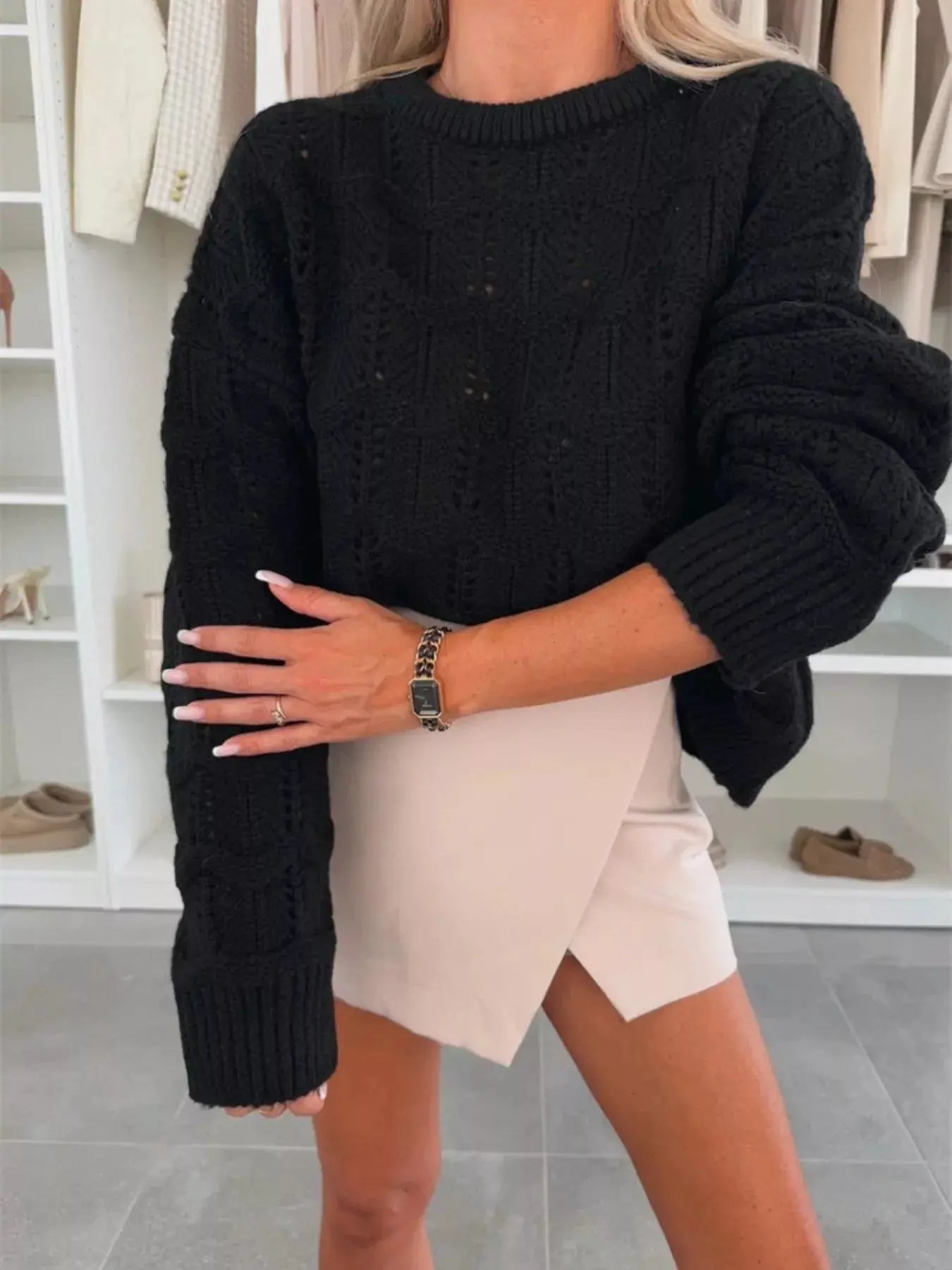 Round Neck Openwork Sweater - Be Bliss Boutique