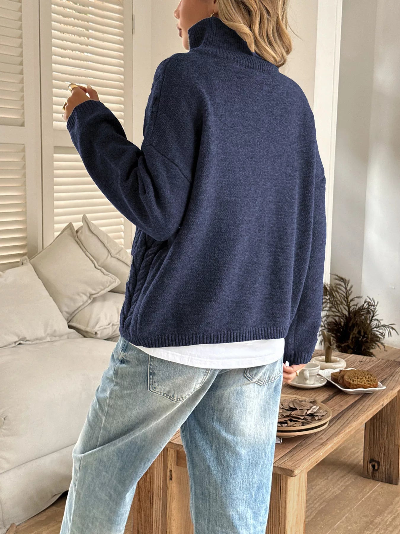 Zip Collar Cable-Knit Sweater -  Be Bliss Boutique