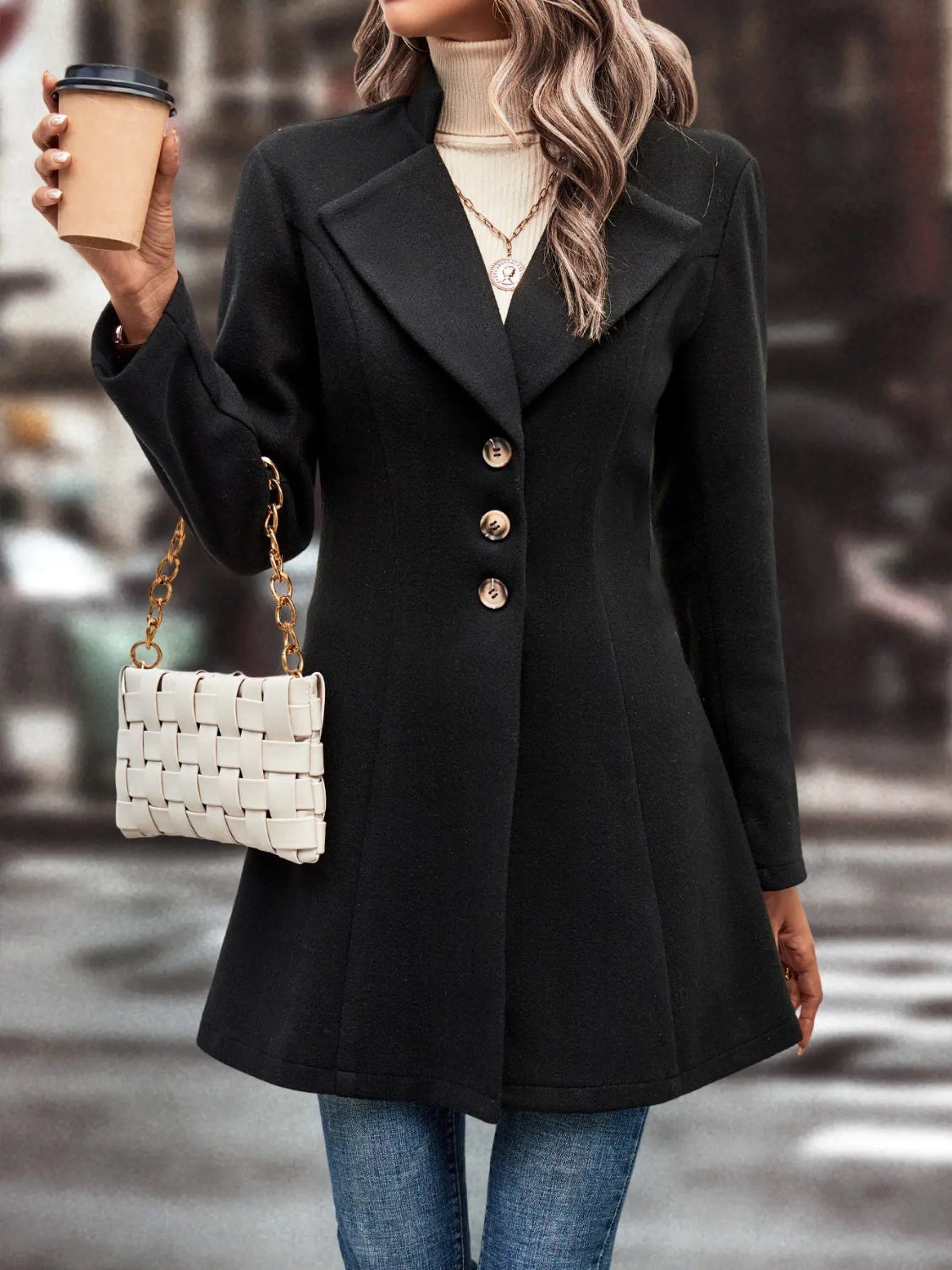 Collared Neck Long Sleeve Longline Coat