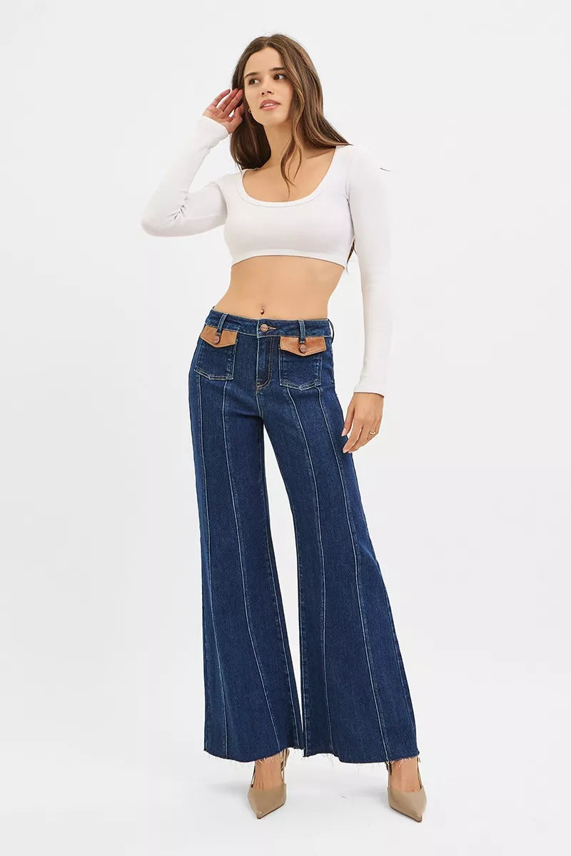 RISEN Jeans - High Rise Wide Flare Jeans with Front Leather Pocket Detail - Be Bliss Boutique