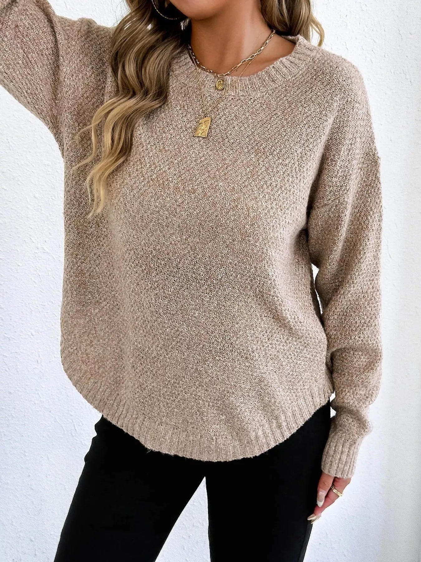 Round Neck Textured Knit Relaxed Fit Sweater - Be Bliss Boutique
