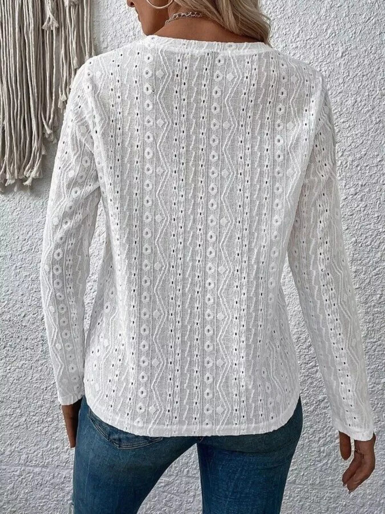 Full Size Eyelet Round Neck Long Sleeve Blouse Plus Size -  Be Bliss Boutique