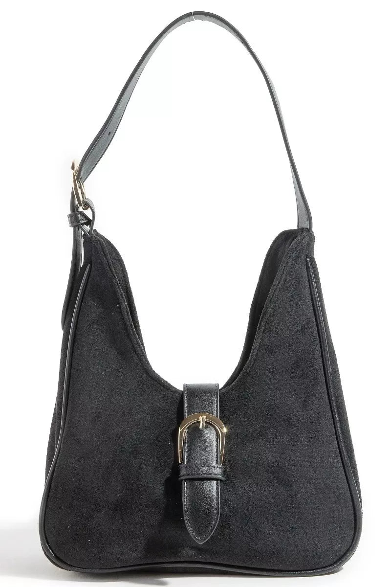 Fame Buckle Accent Faux Suede Hand Bag - Be Bliss Boutique