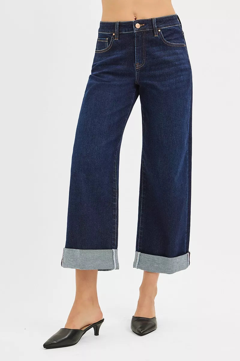 RISEN Mid Rise Fit Ankle Wide Roll Up Jeans - Be Bliss Boutique