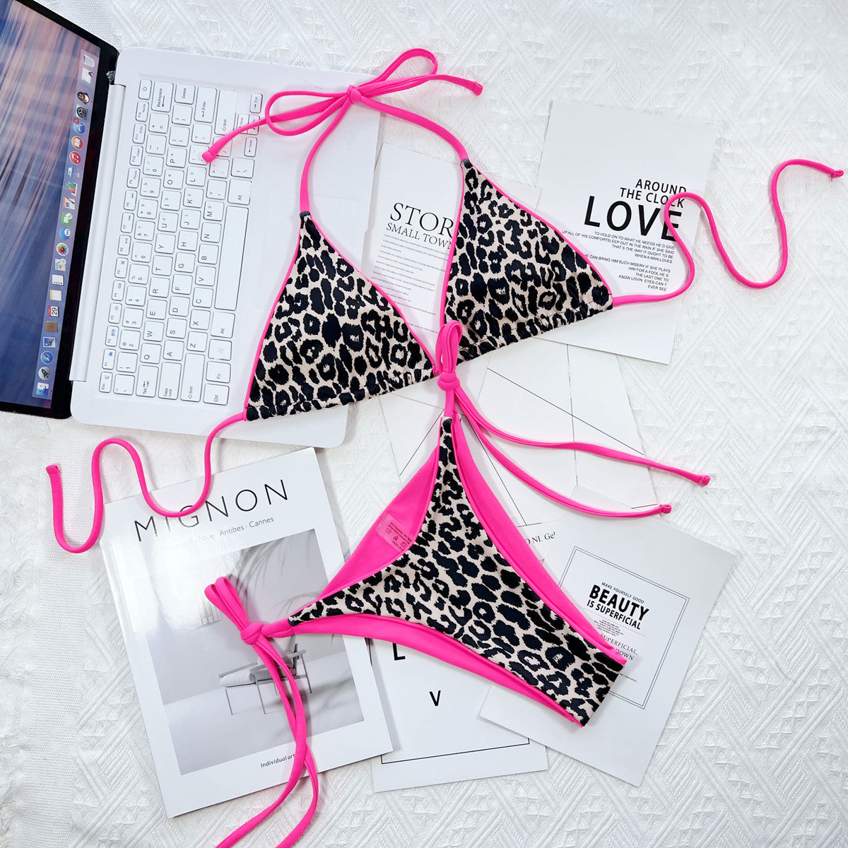 Leopard Print Halter Neck Tie Side Bikini Set - Be Bliss Boutique