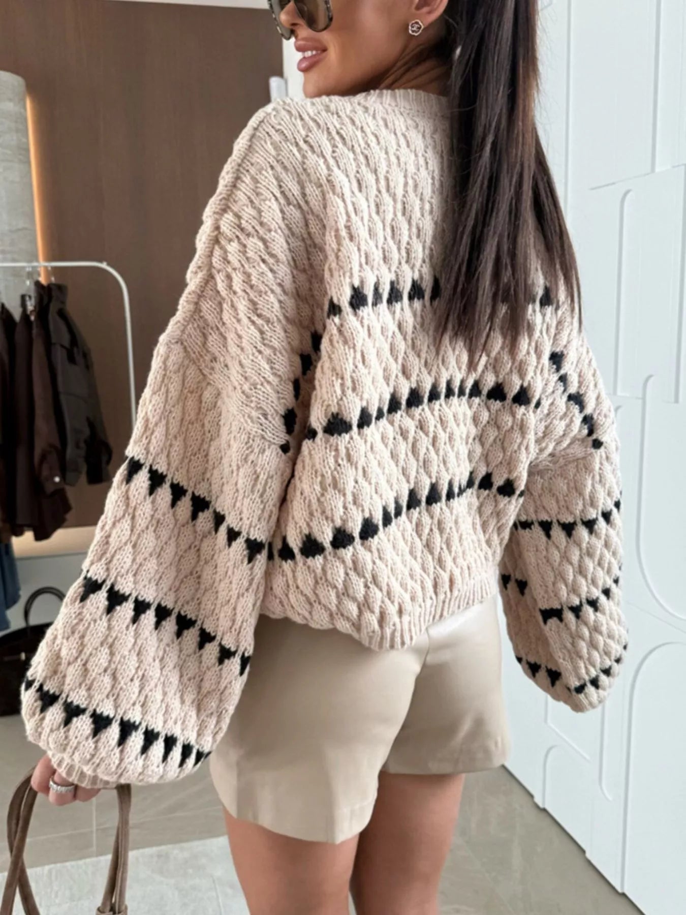 Chunky Knit Striped Sweater with Balloon Sleeves -  Be Bliss Boutique